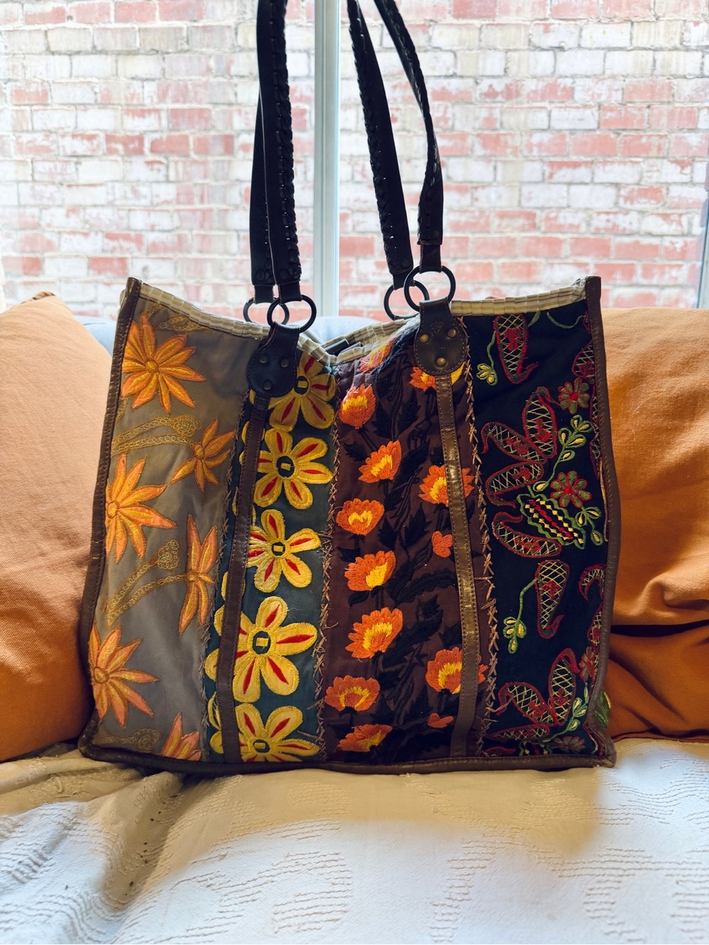 Authentic JAMIN PUECH Quilted Embroidered Patchwork Floral Leather Tote Bag